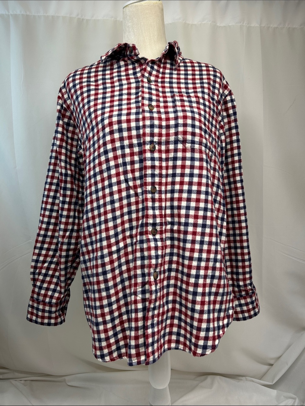 Blue Mountain Men's Plaid Button-Down Shirt in Red, White & Navy Size Medium